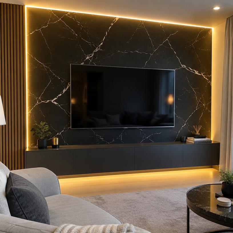 Painel de TV com parede em efeito mármore preto